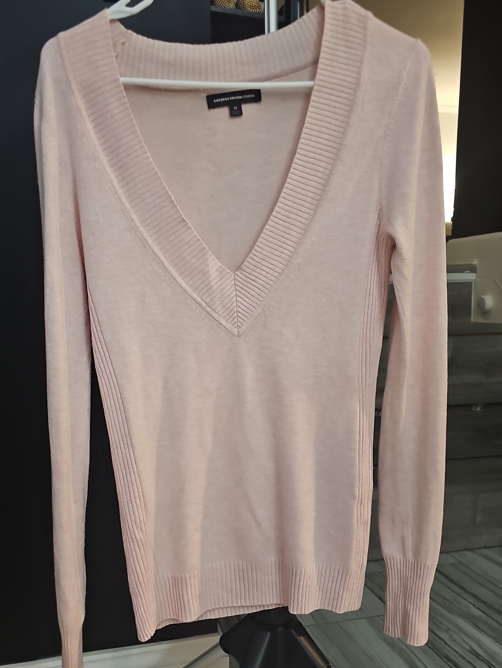 Express Light Pink Deep V-Neck Ribbed Sweater